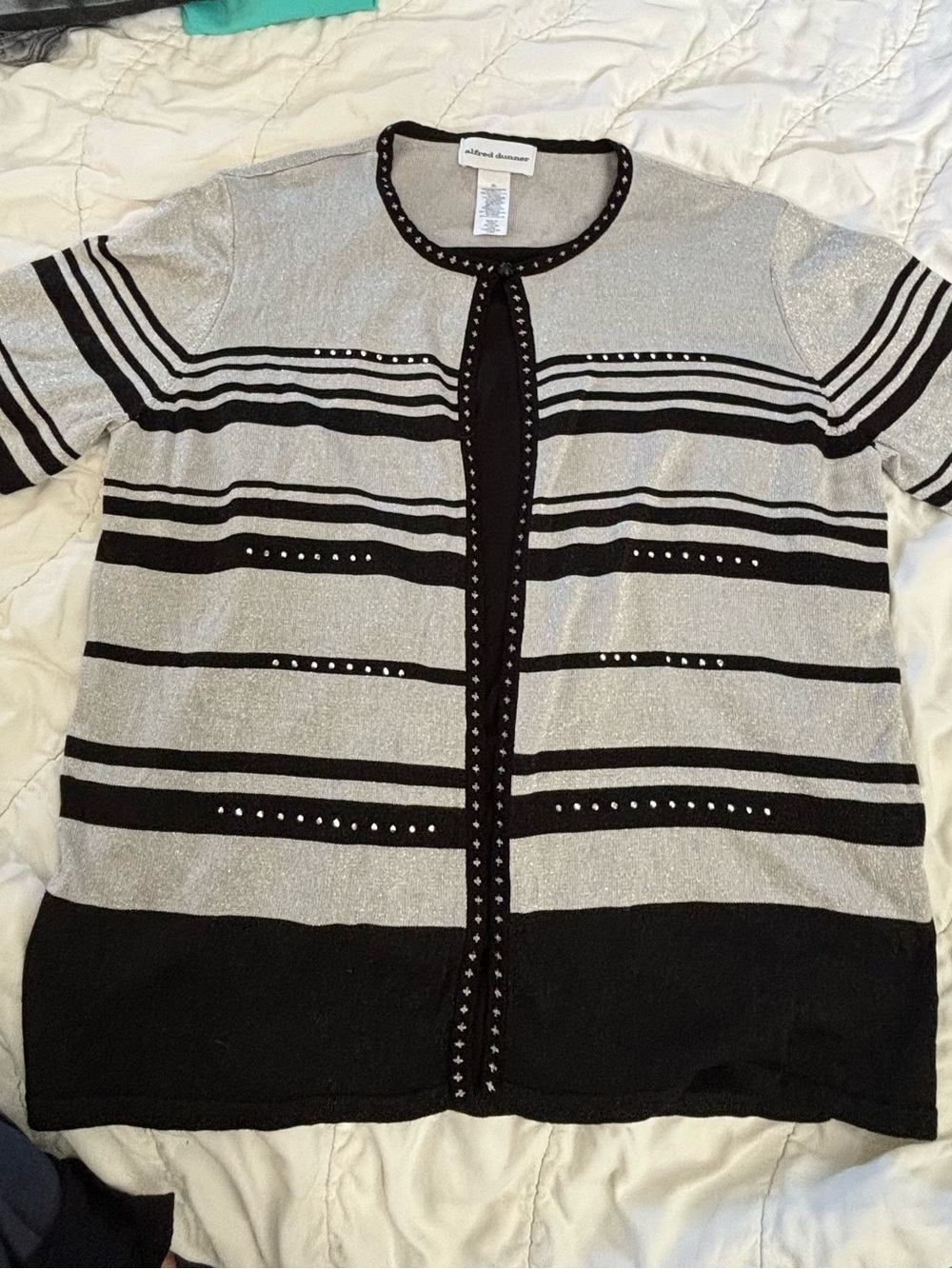 Alfred Dunner XL Silver Black Studded Striped Cardigan Set Metallic Layer